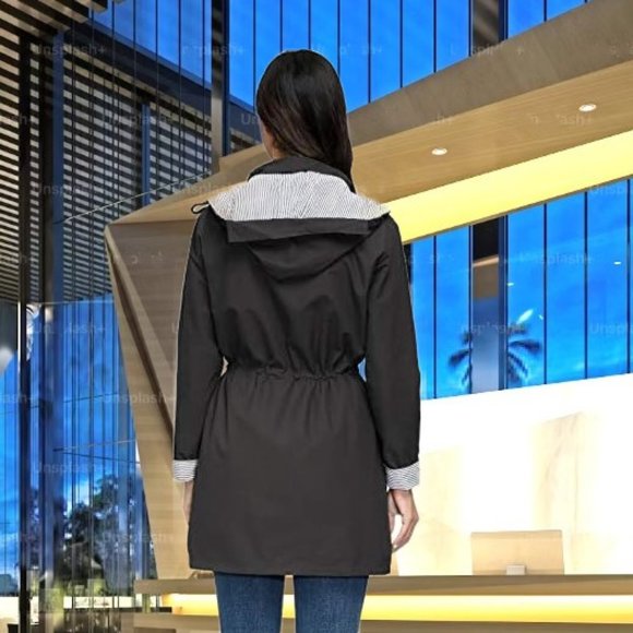 Black Trench Coat Rain Jacket Zipper Snap Buttons Removable Hood Size M NEW - Picture 2 of 8